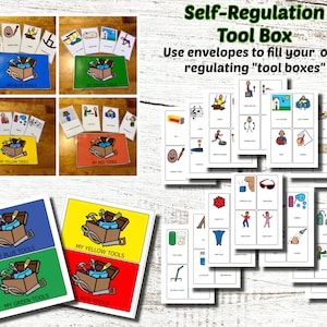 Op de afbeelding: Educatieve hulpmiddelen voor zelfregulatie. De afbeelding toont kaarten met illustraties en tekst, waaronder "My Blue Tools", "My Green Tools", "My Yellow Tools" en "My Red Tools". De tekst "Self-Regulation Tool Box" is ook zichtbaar.