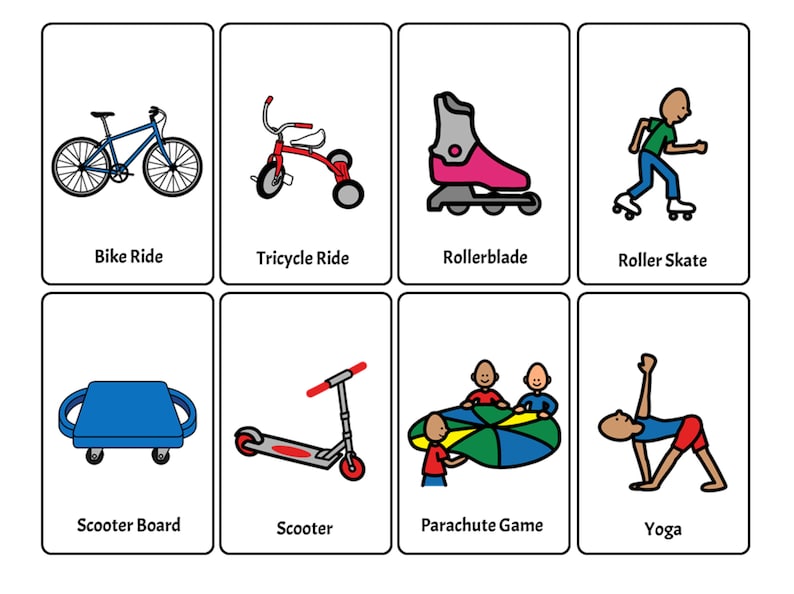 May include: A set of eight activity cards featuring illustrations of outdoor activities. The cards include images of a bicycle, tricycle, rollerblade, roller skate, scooter board, scooter, parachute game, and yoga. Each card has a descriptive label.