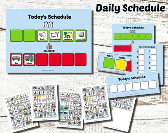 Può includere: Una collezione di lavagne visive per la programmazione giornaliera con il testo "Today's Schedule" e "Daily Schedule". Le lavagne presentano icone per attività come spuntini, ginnastica e scuola, con le parole "ALL DONE" e slot numerati.