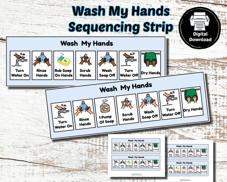 May include: A light blue sequencing strip with the text "Wash My Hands" and a series of illustrated steps for handwashing. The steps include turning on water, rinsing hands, applying soap, scrubbing, washing, turning off water, and drying hands. A digital download icon is in the upper right corner.