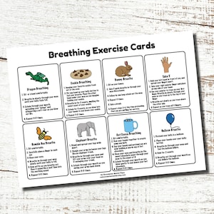 May include: A white card with the title "Breathing Exercise Cards" features illustrated instructions for various breathing exercises. The card includes illustrations and text for exercises like Dragon Breathing, Cookie Breathing, and Bunny Breaths.