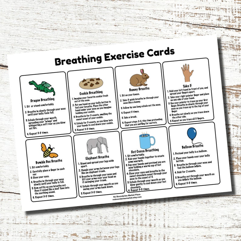 May include: A white card with the title "Breathing Exercise Cards" features illustrated instructions for various breathing exercises. The card includes illustrations and text for exercises like Dragon Breathing, Cookie Breathing, and Bunny Breaths.
