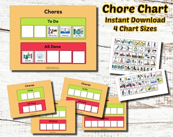 May include: A chore chart with the text "Chores" and "To Do" and "All Done". The chart includes illustrations for tasks like "Pick Up Toys", "Homework", and "Set Table". Several smaller charts are also visible.
