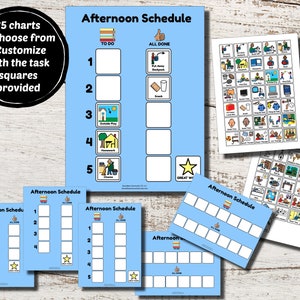 May include: A set of blue and white afternoon schedule charts with task squares and visual aids. The charts include the text "Afternoon Schedule", "To Do", and "All Done". Additional charts and task squares are included.