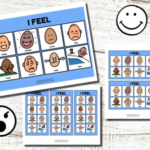 May include: Educational flashcards labelled "I FEEL" in blue, depicting various emotions with cartoon illustrations. Emotions include happy, excited, sad, and mad. A smiley face and an angry face are also visible in the image.