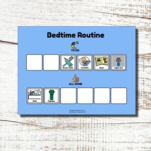 May include: A blue bedtime routine chart with the words "Bedtime Routine" at the top. The chart includes illustrations for brushing teeth, lying down, reading a book, and turning off the lights. It also has a section for "All Done."