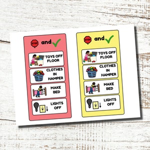 May include: Two colorful chore charts with illustrations and text. The charts include instructions for tidying toys, putting clothes in a hamper, making the bed, and turning off lights. The charts have a stop sign and a checkmark.