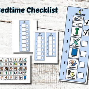 May include: A collection of bedtime checklists with the title "Bedtime Checklist". The checklists include visual cues and check boxes for tasks like bath, pajamas, brushing teeth, reading, and lights out. The image is on a wooden background.