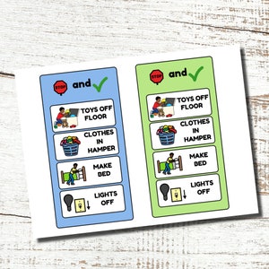 May include: Two chore charts with illustrations and text. One chart has a blue border, the other has a green border. Each chart has the following tasks: Toys off floor, Clothes in hamper, Make bed, and Lights off.