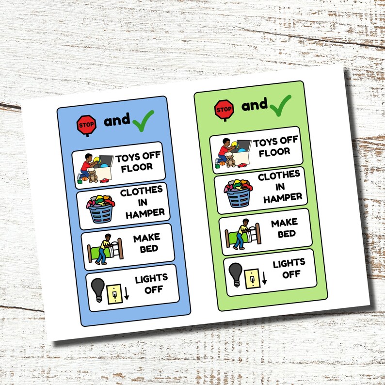 May include: Two chore charts with illustrations and text. One chart has a blue border, the other has a green border. Each chart has the following tasks: Toys off floor, Clothes in hamper, Make bed, and Lights off.
