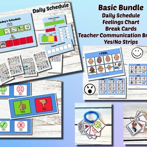 May include: A selection of educational resources, including a daily schedule, feelings chart, and break cards. The image shows a blue bracelet, cards with smiley faces, and text that reads "I FEEL" and "YES/NO".