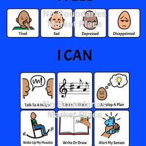 May include: A blue graphic with the words "I FEEL" and "I CAN" above illustrated emotions and actions. The image includes drawings of a person feeling tired, sad, depressed, and disappointed. The "I CAN" section shows actions like talking, listening, planning, and writing.