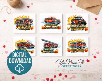 Könnte beinhalten: Sechs quadratische digitale Grußkarten mit Illustrationen von roten Feuerwehrautos. Jede Karte hat eine Botschaft zum Valentinstag, wie "Ich bin ganz Feuer und Flamme für dich!" und "Du bist heiß, Valentine!" Die Karten sind von "You Name It Greetings".