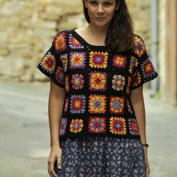 PATTERN ONLY - Xenia tee crochet pattern - granny square tee - boxy tee - bold colors