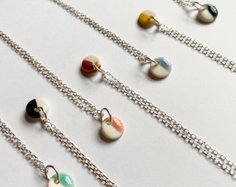 Handmade Necklace | Porcelain Small Circle Pendant | Half Glaze | Ceramic Jewellery | Delicate | Silver Chain | Minimal | Geometric