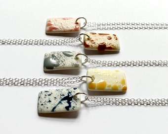 Handmade Necklace | Porcelain Large Rectangle Pendant | Splatter Glaze | Ceramic Jewellery | Delicate | Silver Chain | Minimal | Geometric