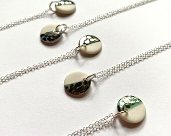 Handmade Necklace | Silver Lustre | Porcelain Medium Circle Pendant  | Half and Half Glaze | Ceramic Jewellery | Simple | Silver Chain |