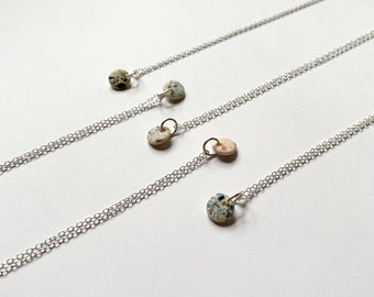 Handmade Necklace | Porcelain Small Circle Pendant | Splatter Glaze | Ceramic Jewellery | Delicate | Silver Chain | Minimal | Geometric