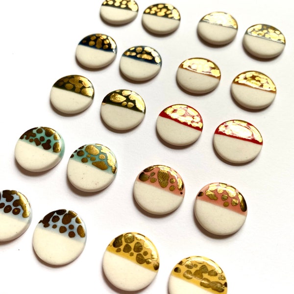 Handmade Earrings | Gold Lustre | Porcelain Large Circle Studs | Half Glaze | Ceramic Jewellery | Delicate | Colour block