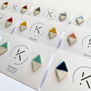 Handmade Earrings | Porcelain Large Diamond Studs | Half Glaze | Ceramic Jewellery | Delicate | Colour block | Minimal | Geometric