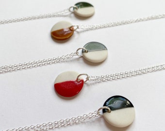 Handmade Necklace | Porcelain Large Circle Pendant Necklace | Half Glaze | Ceramic Jewellery | Delicate | Silver Chain