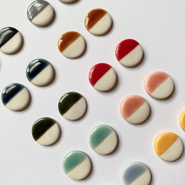 Handmade Earrings | Porcelain Medium Circle Studs | Half Glaze | Ceramic Jewellery | Delicate | Colour block | Minimal | Geometric