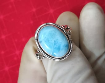 Larimar Ring, 92.5% Sterling Silver Ring, Ocean Blue Ring, Dominican Larimar ring, Healing Crystal, Oval stone ring, Boho Statement Rings
