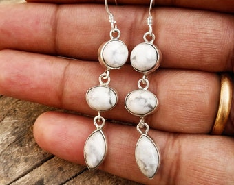 Howlite Earrings, 925 silver, Long Earrings, Dangle Earrings, White Buffalo Stone earrings, Three stone earrings, White Turquoise earrings