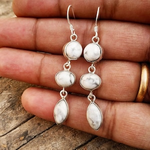 Howlite Earrings, 925 silver, Long Earrings, Dangle Earrings, White Buffalo Stone earrings, Three stone earrings, White Turquoise earrings