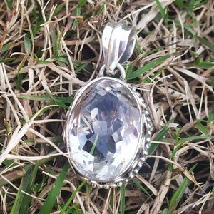 Crystal Quartz Pendant, 92.5% sterling silver pendant, Crystal Jewelry, Boho Statement pendant, Faceted stone pendant, White Stone pendant