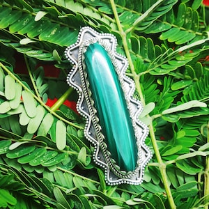 Puede incluir: Un anillo de plata con una piedra de malaquita verde engastada en un borde decorativo. El anillo está fotografiado sobre un lecho de hojas verdes.