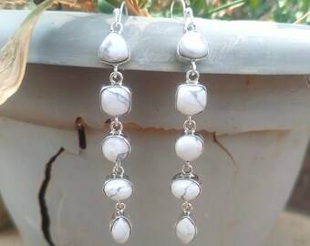 Howlite Earrings, 925 silver, Long Earrings, Dangle Earrings, White Buffalo Stone earrings, Five stone earrings, White Turquoise earrings