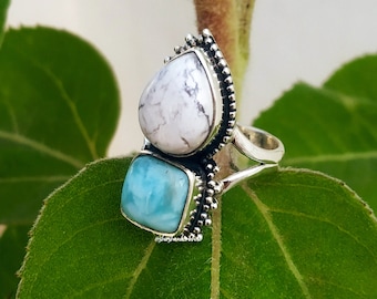 White Howlite Ring, 92.5% Silver Ring, Natural Larimar Ring, White Buffalo Ring, White Turquoise Ring, Handcrafted Ring,Boho Statement Ring