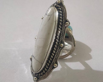 White Howlite Ring, 92.5% silver ring, Long Ring, White Turquoise Ring, White Buffalo Ring, 40X10mm Stone ring, Wide Band Ring,Designer Ring