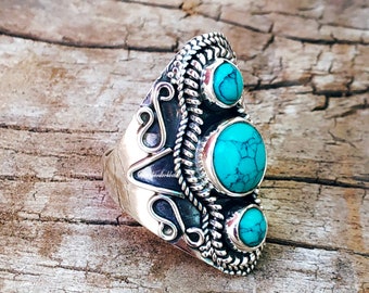 Turquoise Ring, 92.5% silver ring, Three Stone ring, Designer Ring, Blue Turquoise Jewelry, Statement ring, Bohemian ring, Wide Band Ring
