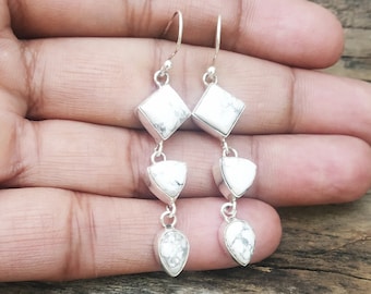 Howlite Earrings, 925 silver Earrings, Long Earrings, Dangle Earrings, White Buffalo earrings, Three stone earrings,White Turquoise earrings