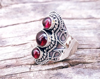 Garnet Ring, 92.5% silver Ring, Three stone Ring, Red Stone ring, Boho Statement Ring, Wide Band Ring, Designer Ring,Woman Ring, Hippie Ring