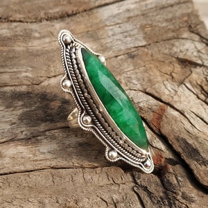 Emerald ring, 925 silver ring, Green stone ring, Long ring, Statement ring-Dainty ring, Artisan jewelry, Emerald jewelry-Marquise stone ring