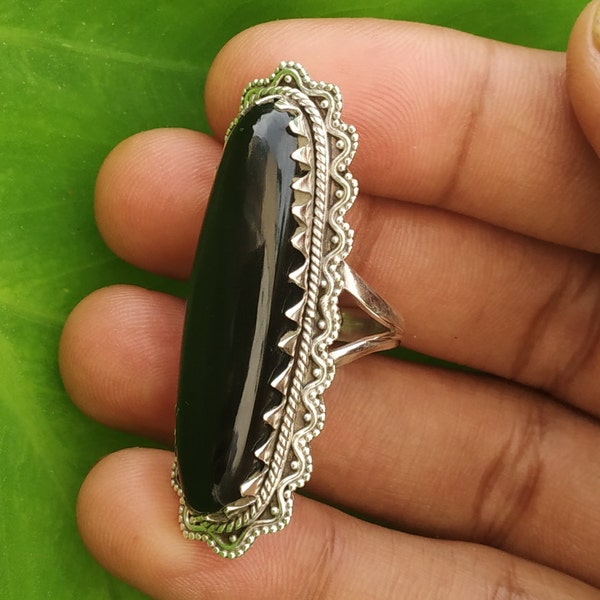 Bague en onyx noir, bague en argent sterling à 925%, bijoux en onyx, pierre de naissance de décembre, bague longue de 40 x 10 mm, bague