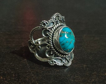 Blue Copper Turquoise ring, 92.5% Solid silver Ring, 10x14 mm Blue stone ring, Turquoise Ring, Cocktail Ring, Organic Ring, Filigree Ring