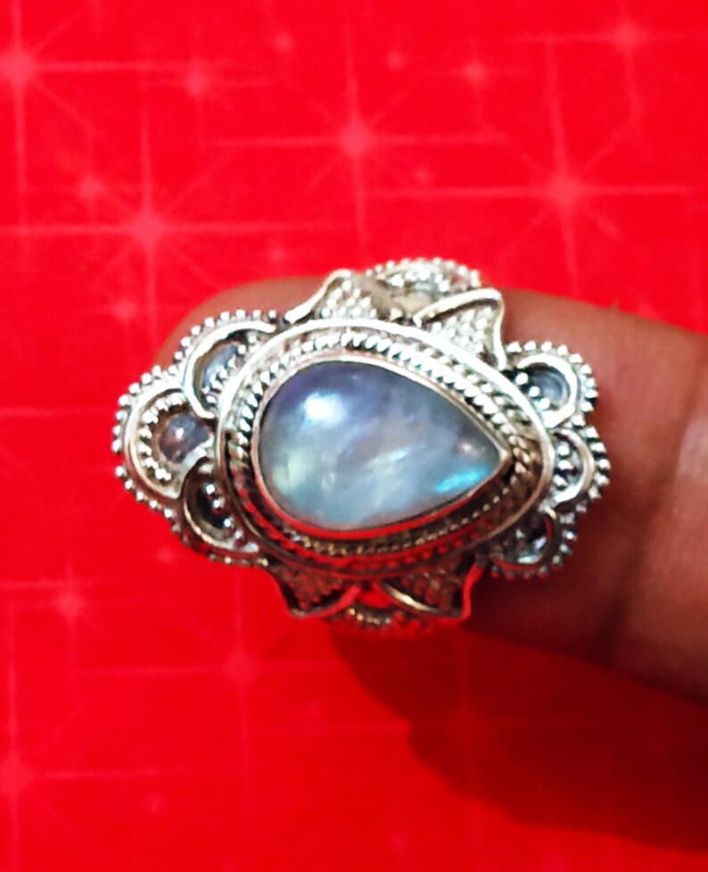Rainbow Moonstone Ring 925% Silver Ring Blue Flashy image 0