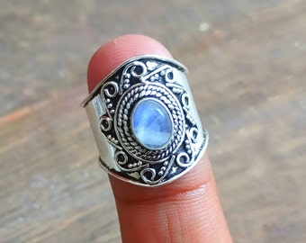 Moonstone ring, 92.5% silver ring, Big stone ring, Blue flash stone ring, Boho Statement ring, Best Gifts for MOM, Wide Band Ring, Moonstone