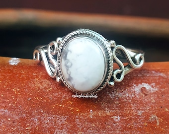 Howlite Ring, 92.5% Silver Ring, White Turquoise Ring, White Buffalo Ring, Handmade Ring,Statement Ring,Oval Stone Ring,Christmas Gifts Ring