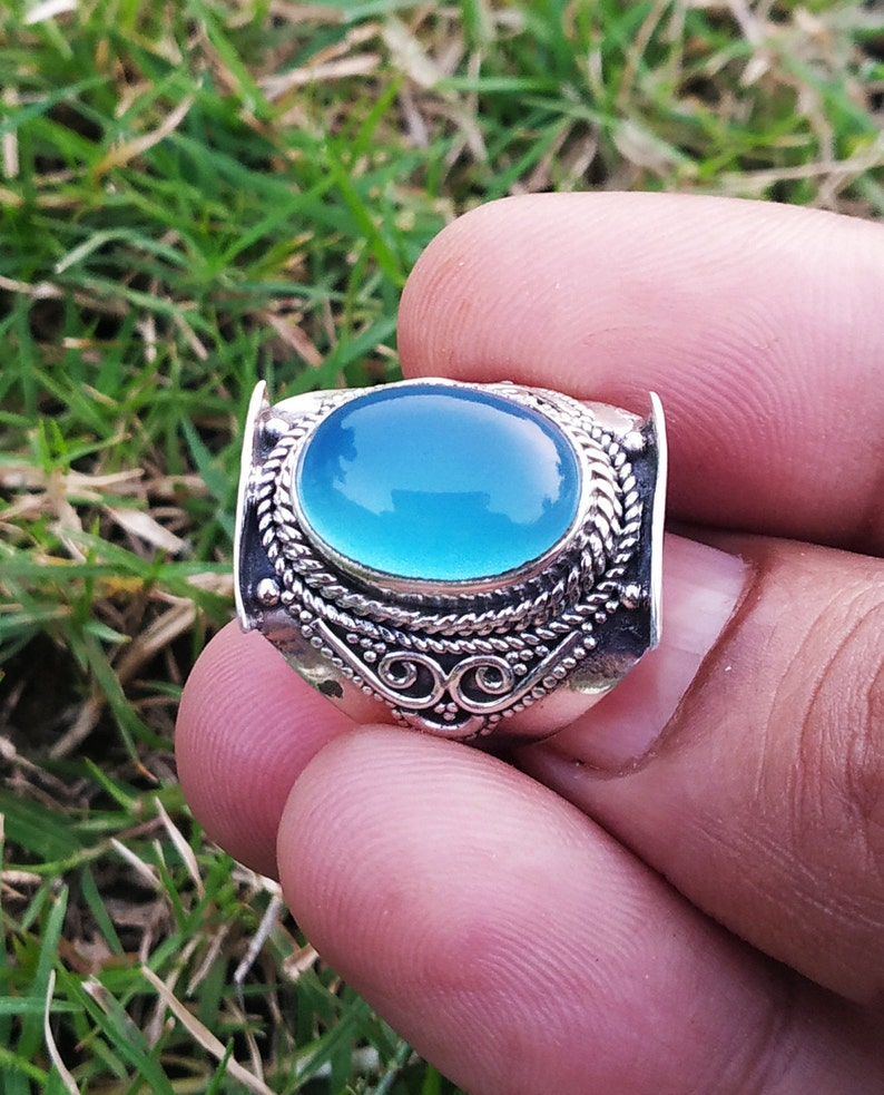 Blue Chalcedony Ring 92.5%Sterling Silver Ring Blue Stone image 0