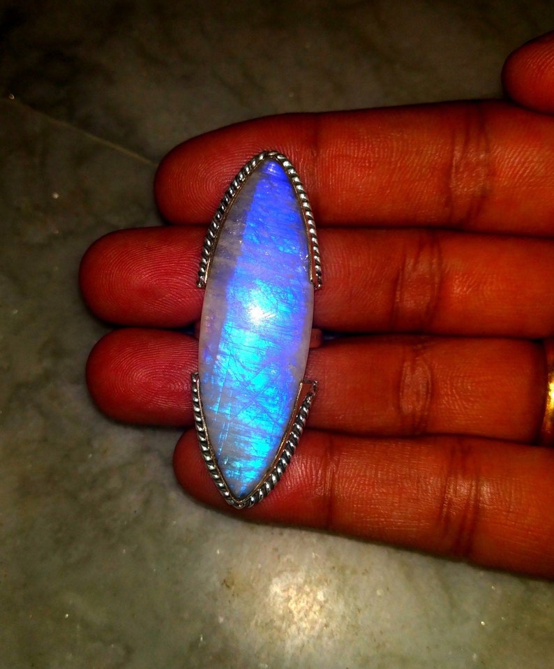 Natural Rainbow Moonstone ring 925%  Solid Silver Ring Blue image 9