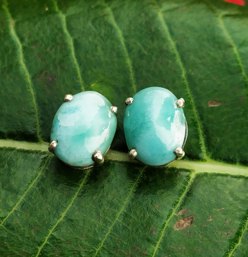 Larimar Studs 92.5 solid Silver studs Oval stone earrings image 0