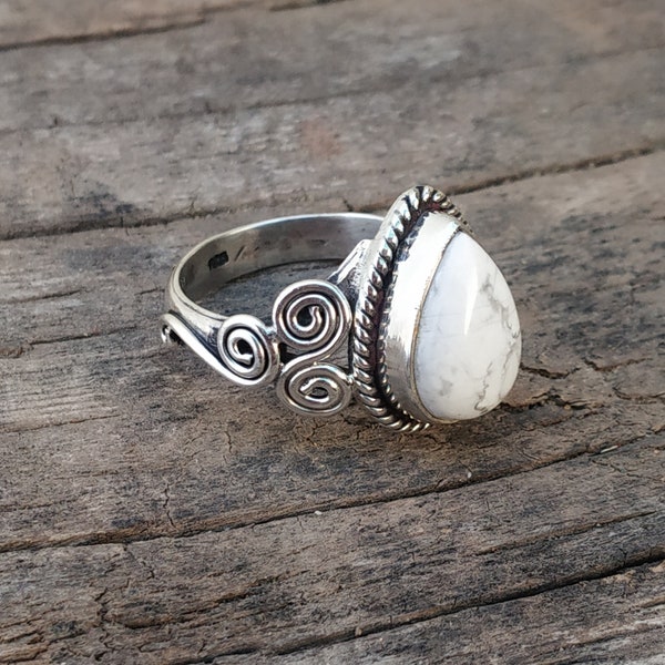 White Howlite Ring, 92.5% silver ring, Water-Drop stone ring, White Buffalo Ring, White Turquoise Ring, Statement ring, Best Gifts for Mom