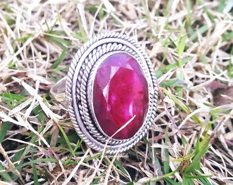 Ruby Ring, 925 Solid silver ring, Red Stone ring, Boho Handcrafted ring, Statement ring, Red Ruby Jewelry,Oval stone silver ring,Gypsy ring