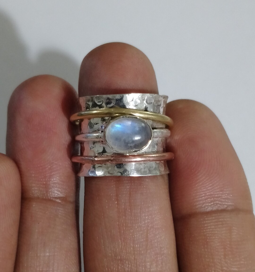 •TURQUOISE + RAINBOW MOONSTONE - EQUATOR• triple split band silver ring (size 5.75)