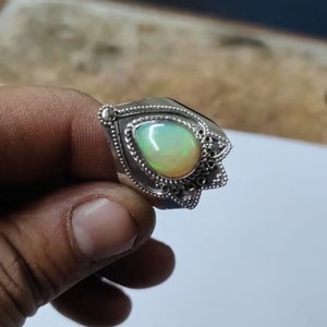 Ethiopian opal Ring, 92.5% Silver Ring, Handmade Ring, Oval Stone Ring, Genuine Ethiopian opal, Statement Ring, Wide Band Ring,Opal Jewelry image 3